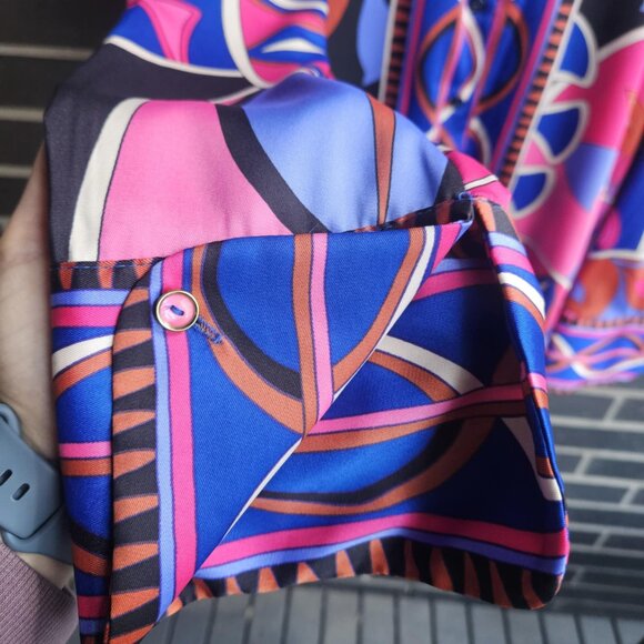Zara Women's Satin Style Retro Geometric Art Blue & Pink Print Blouse Size M - Picture 7 of 16